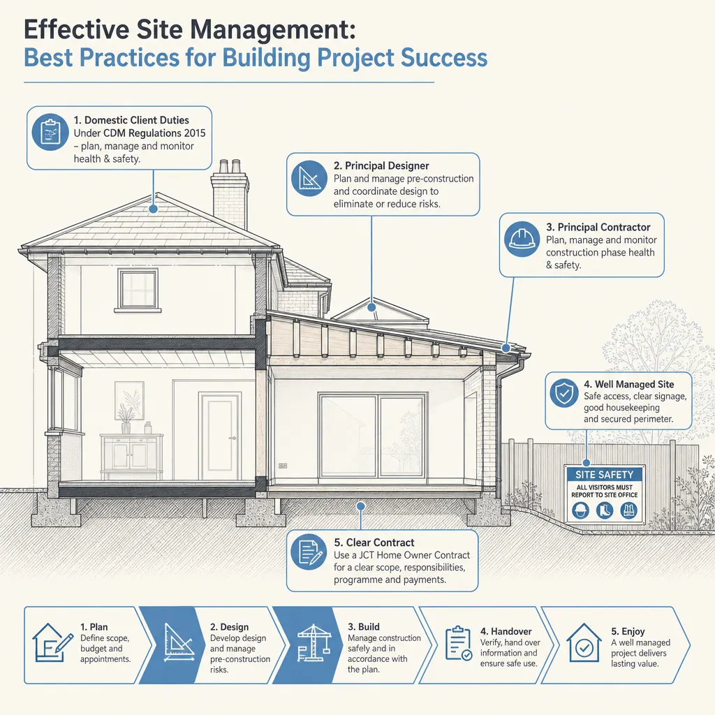 Diagram illustrating: Effective Site Management: Best Practices for Building Project Success