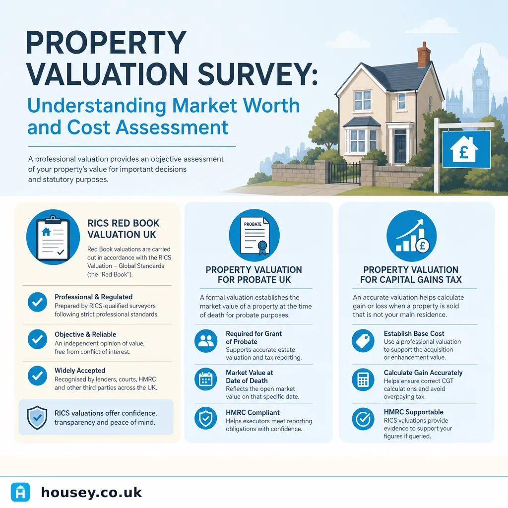 Infographic illustrating: Property Valuation Survey: Understanding Market Worth and Cost Assessment
