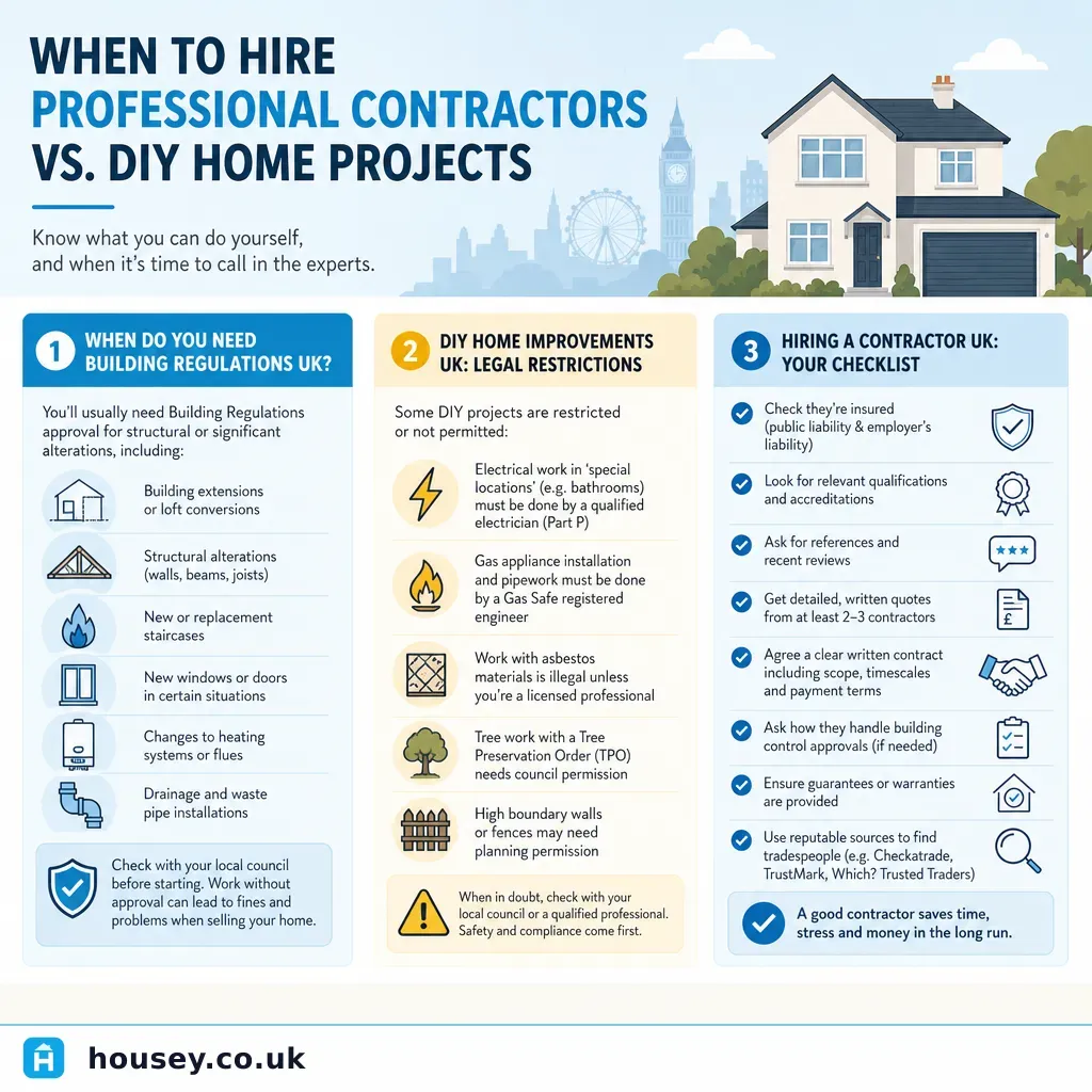 Infographic illustrating: When to Hire Professional Contractors vs. DIY Home Projects