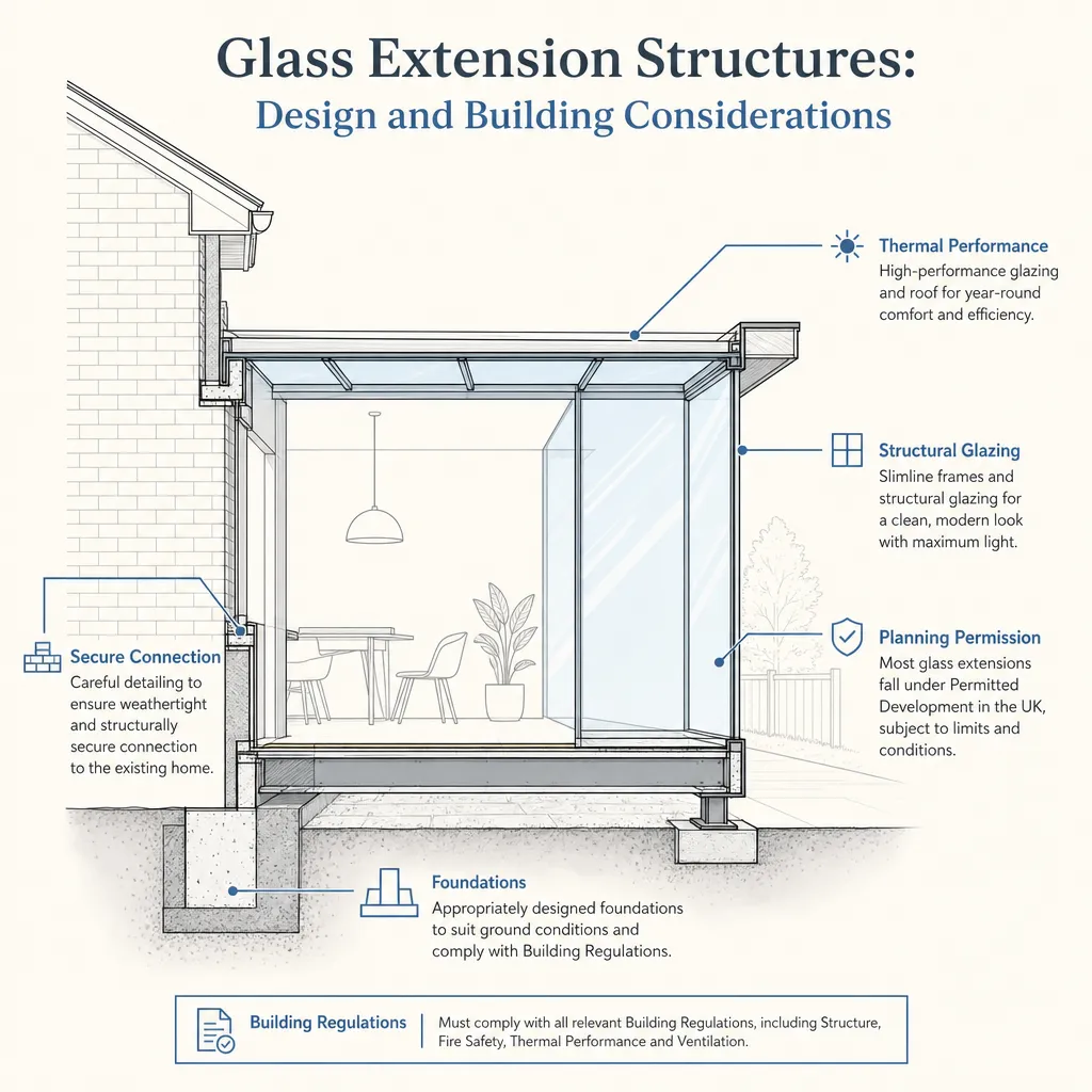 Diagram illustrating: Glass Extension Structures: Design and Building Considerations