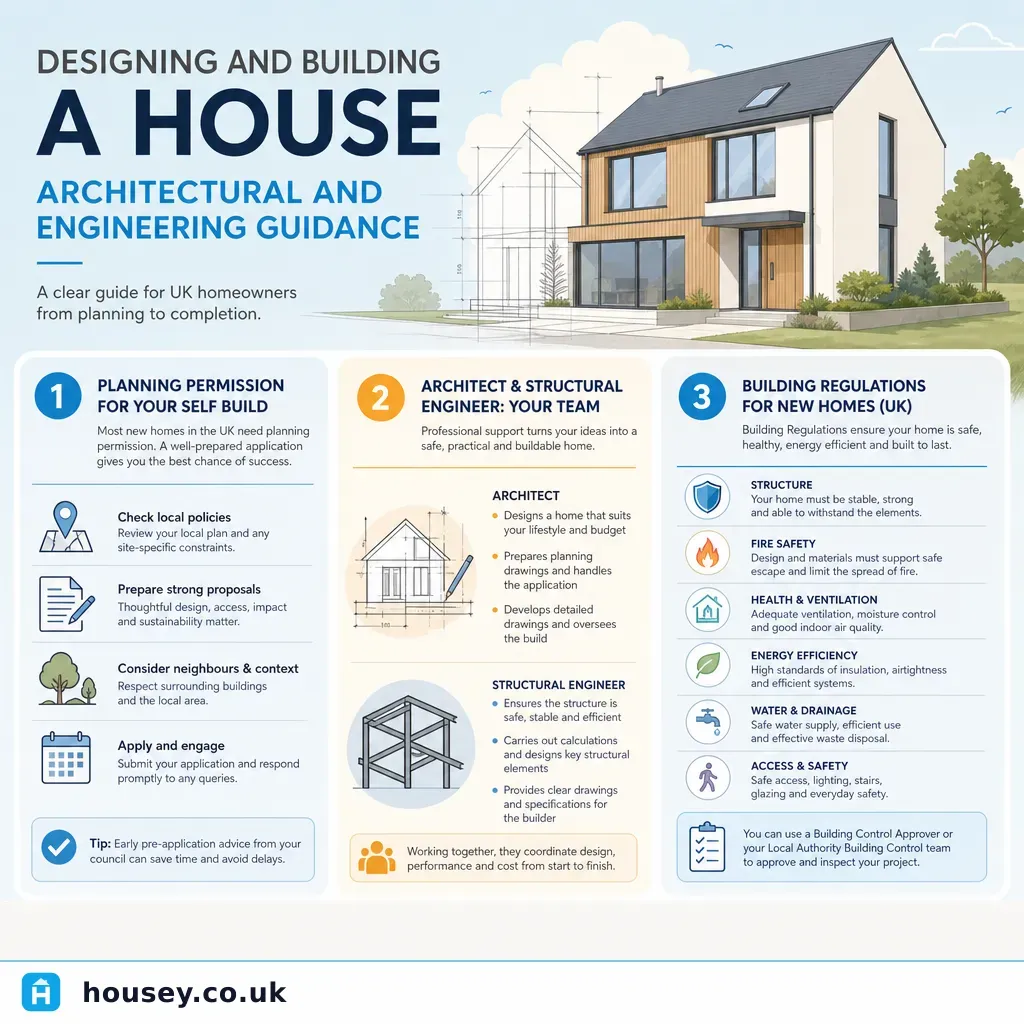 Infographic illustrating: Designing and Building a House: Architectural and Engineering Guidance