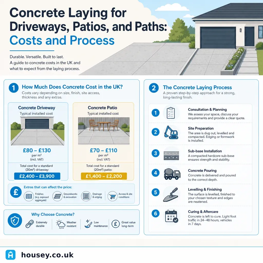 Infographic illustrating: Concrete Laying for Driveways, Patios, and Paths: Costs and Process