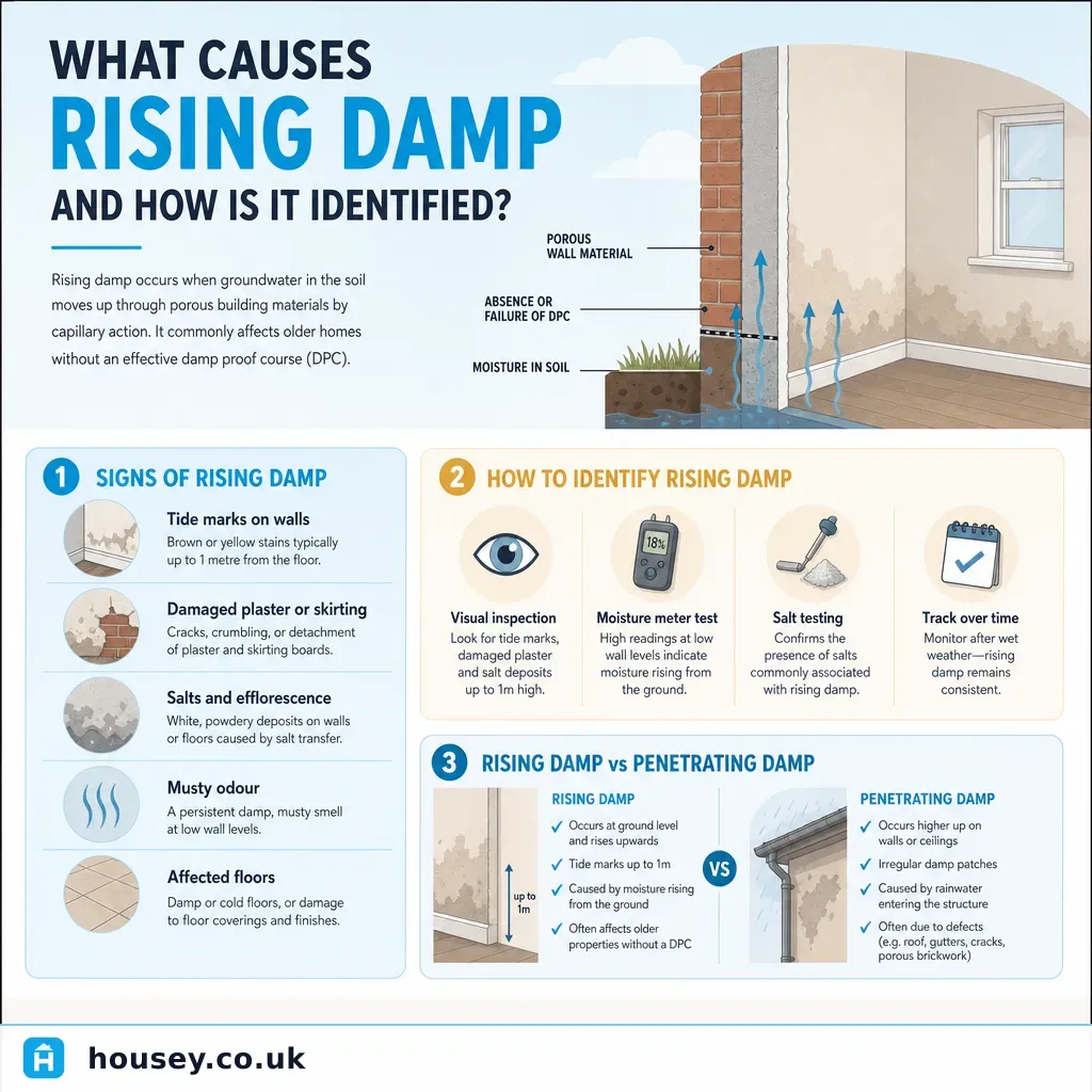 Infographic illustrating: What Causes Rising Damp and How Is It Identified?