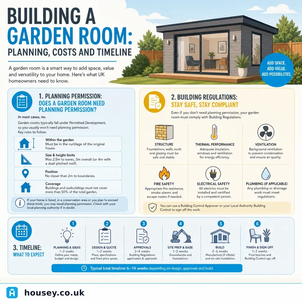 Infographic illustrating: Building a Garden Room: Planning, Costs and Timeline