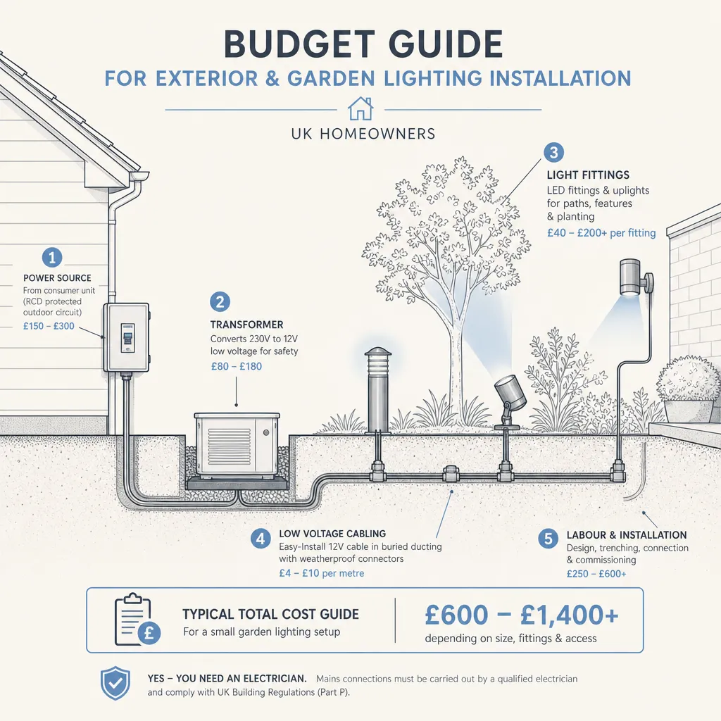 Diagram illustrating: Budget guide for exterior and garden lighting installation