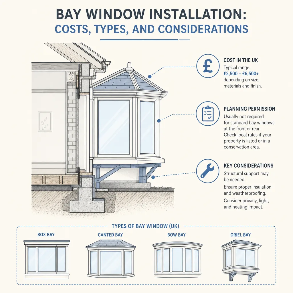 Diagram illustrating: Bay Window Installation: Costs, Types, and Considerations