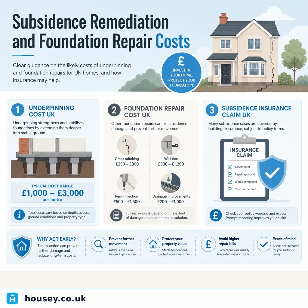 Infographic illustrating: Subsidence Remediation and Foundation Repair Costs