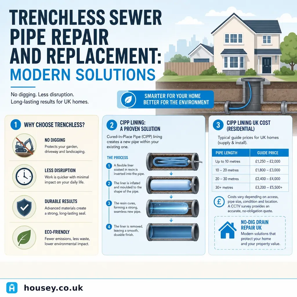 Infographic illustrating: Trenchless Sewer Pipe Repair and Replacement: Modern Solutions