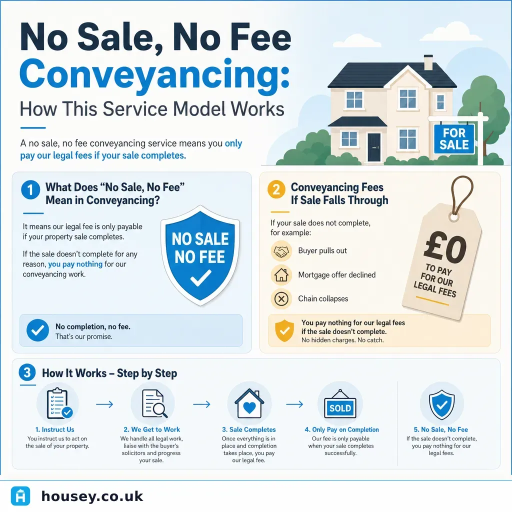 Infographic illustrating: No Sale, No Fee Conveyancing: How This Service Model Works