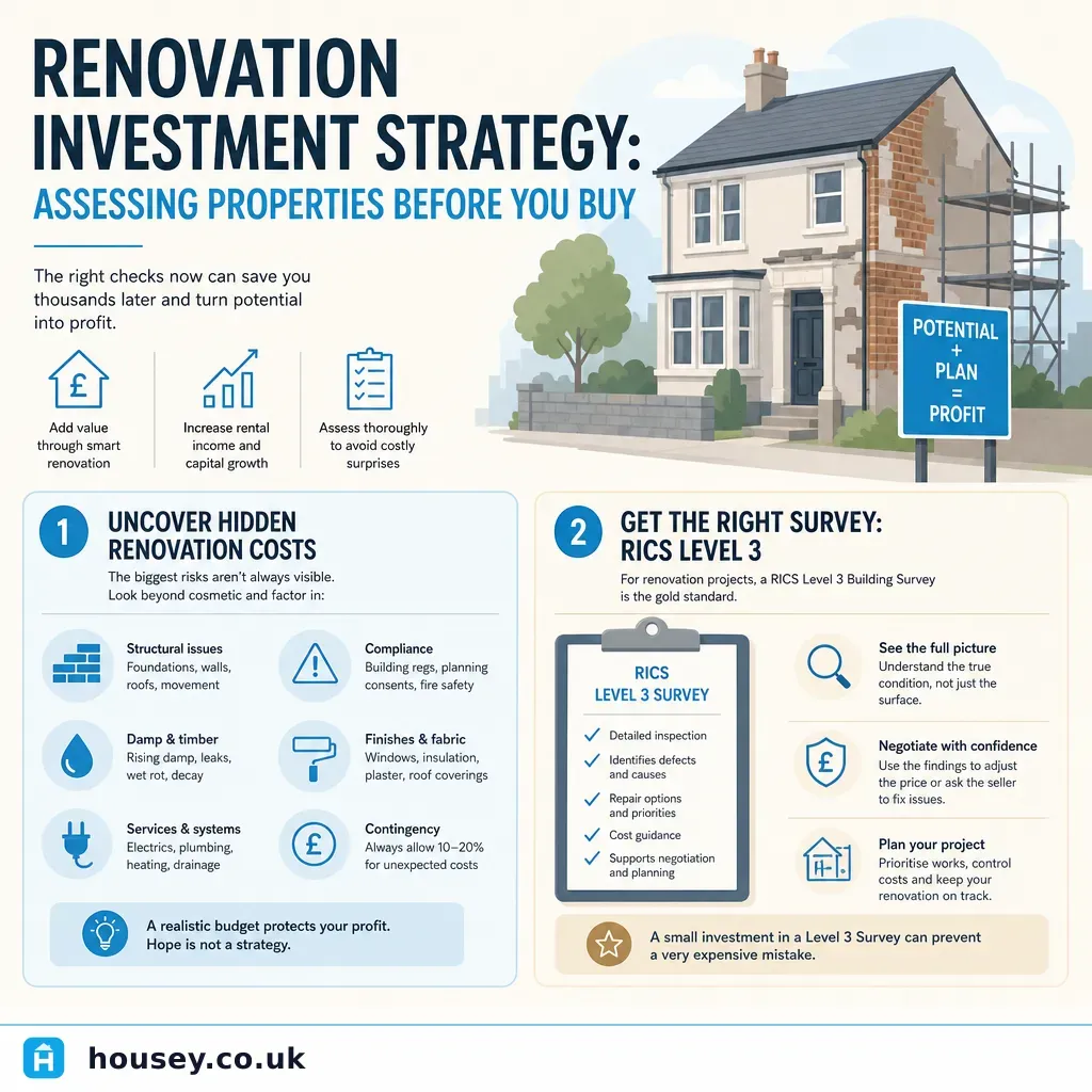 Infographic illustrating: Renovation Investment Strategy: Assessing Properties Before You Buy