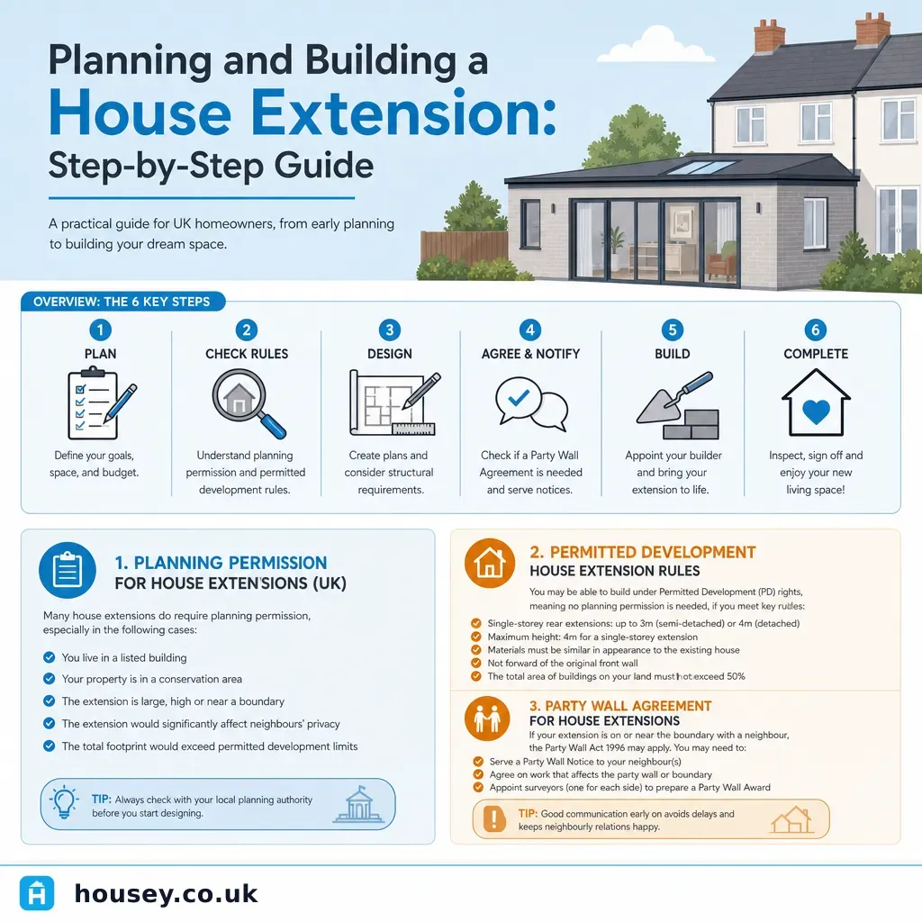 Infographic illustrating: Planning and Building a House Extension: Step-by-Step Guide