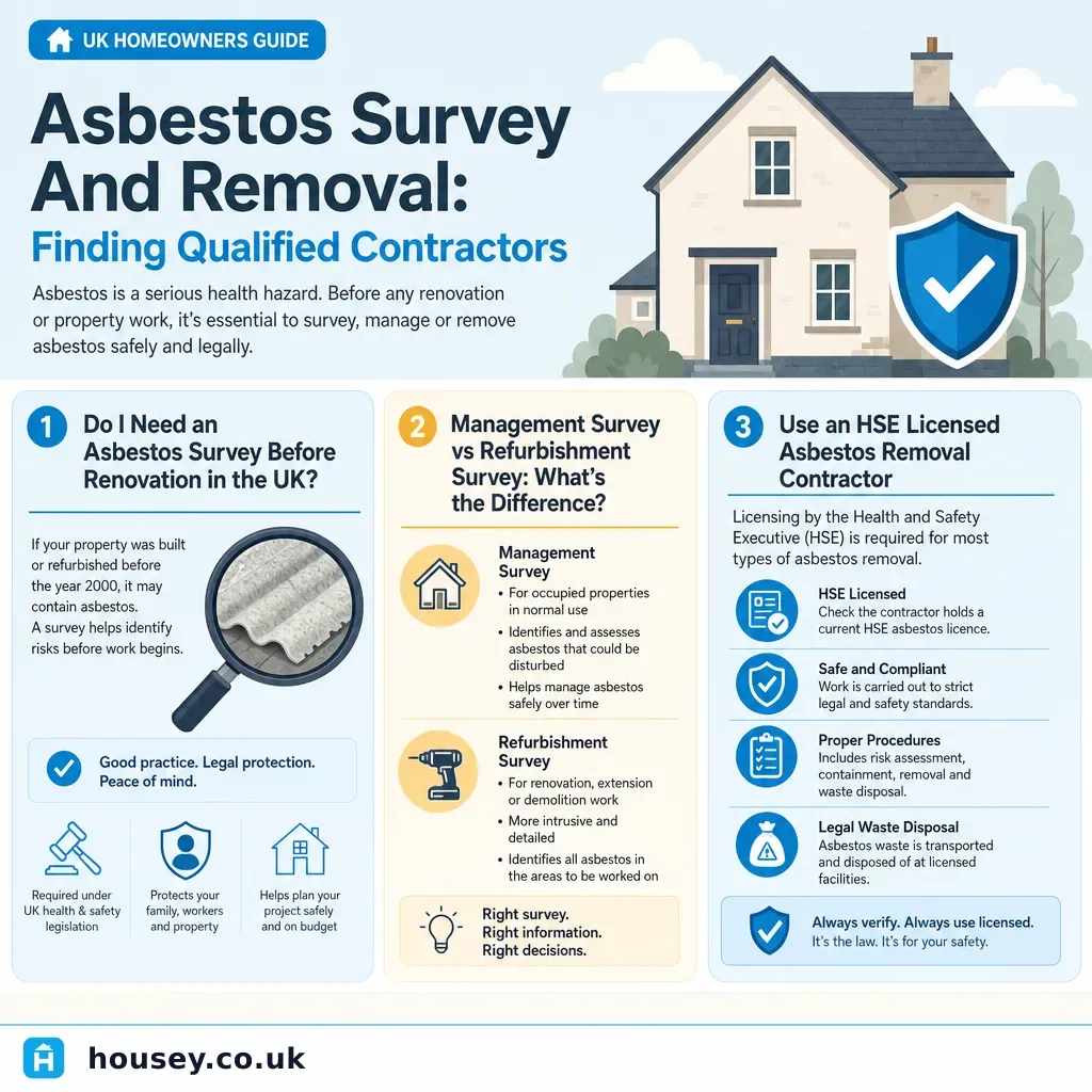 Infographic illustrating: Asbestos Survey And Removal: Finding Qualified Contractors
