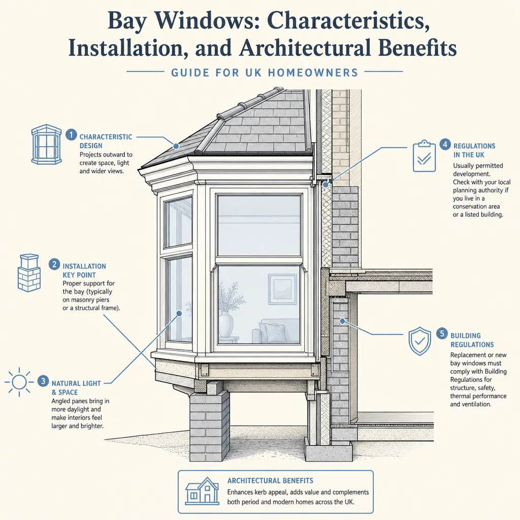 Diagram illustrating: Bay Windows: Characteristics, Installation, and Architectural Benefits