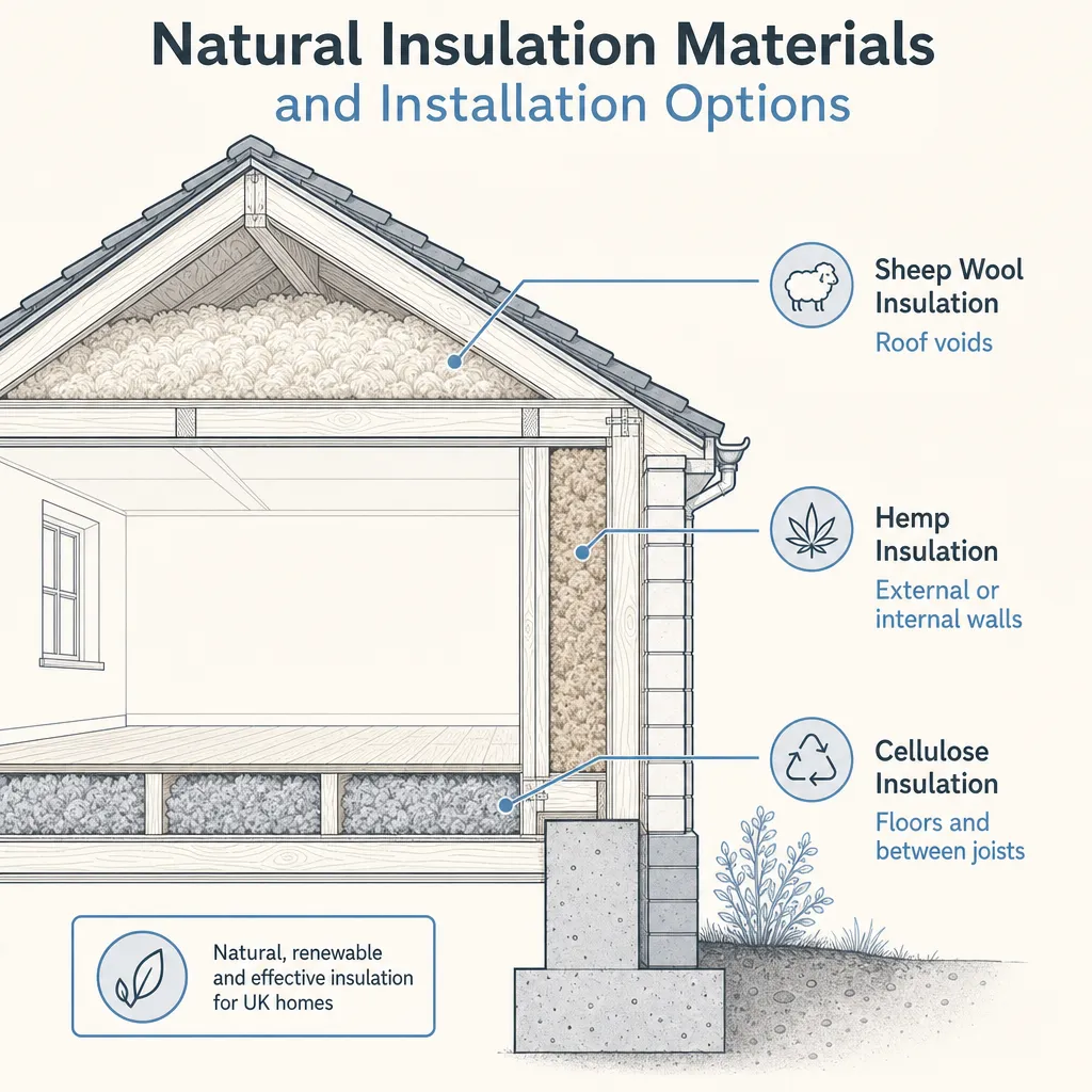 Diagram illustrating: Natural Insulation Materials and Installation Options
