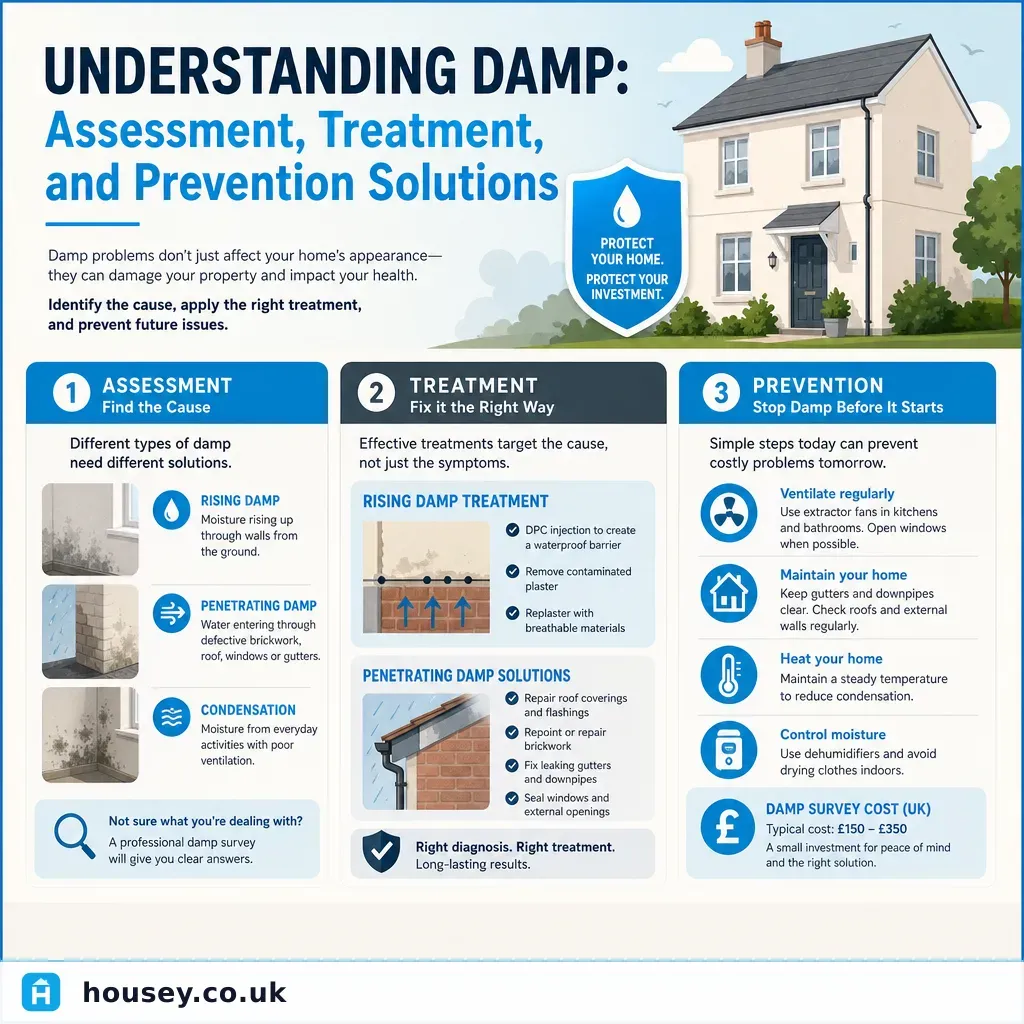Infographic illustrating: Understanding Damp: Assessment, Treatment, and Prevention Solutions