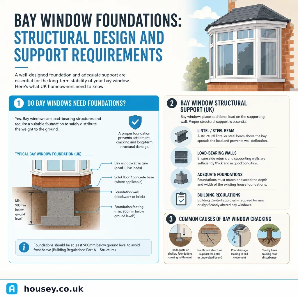 Infographic illustrating: Bay Window Foundations: Structural Design and Support Requirements