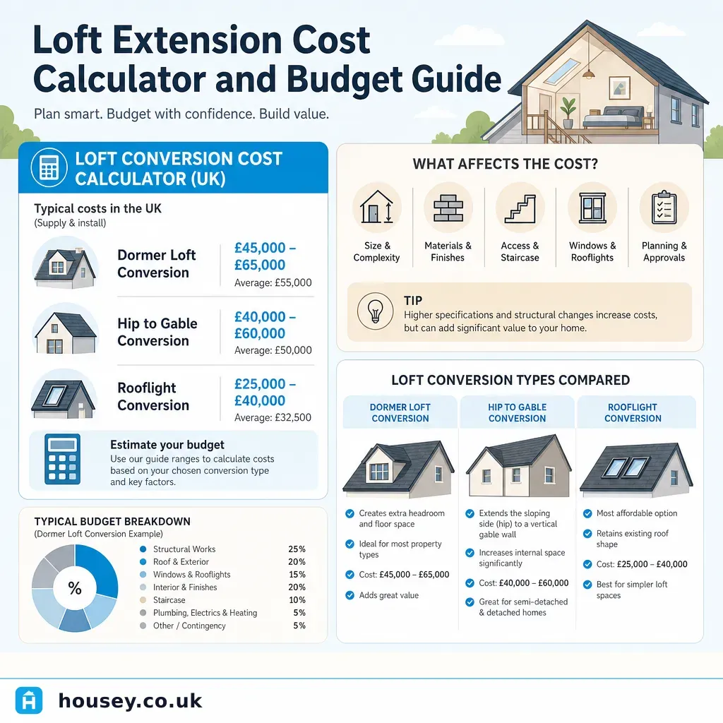 Infographic illustrating: Loft Extension Cost Calculator and Budget Guide