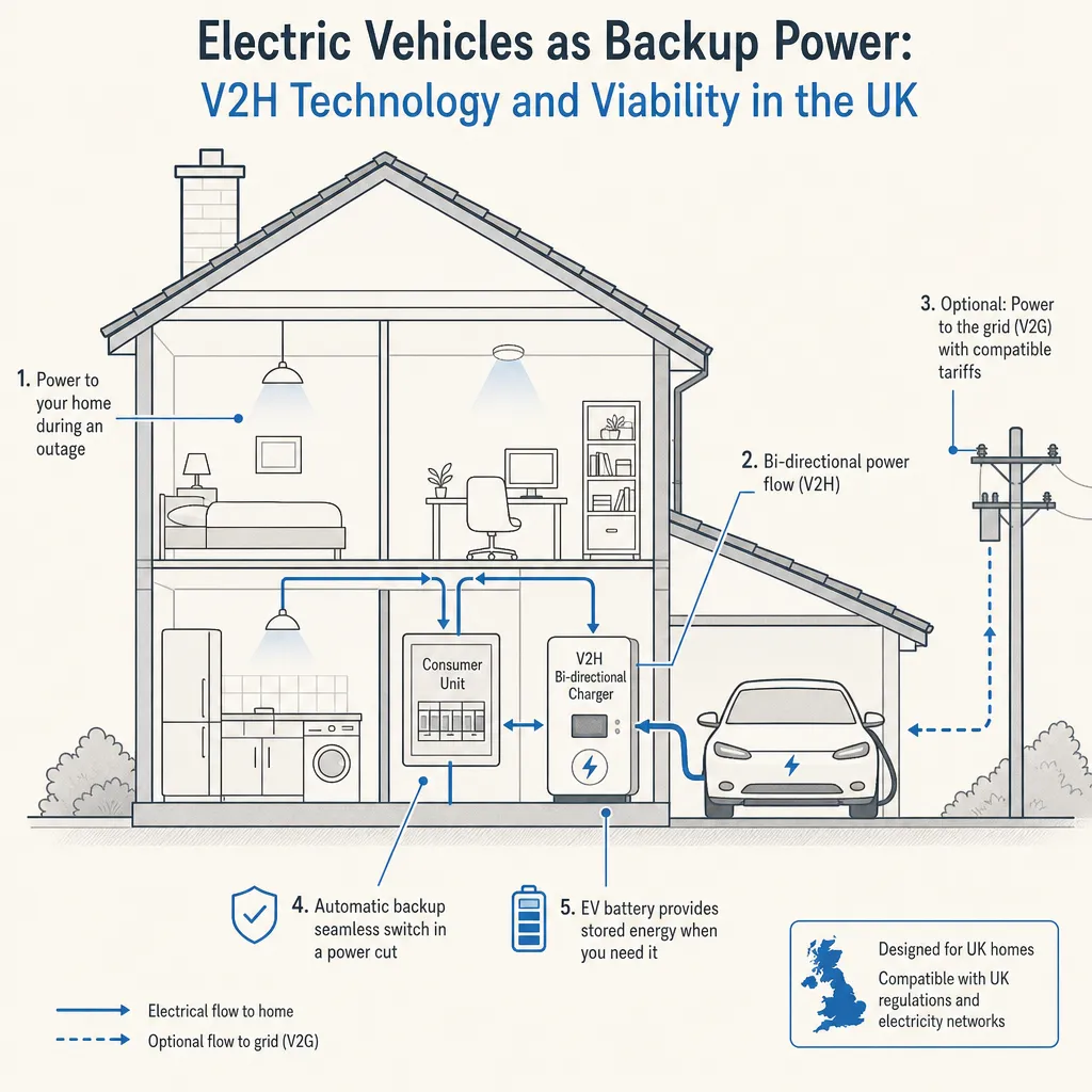 Diagram illustrating: Electric Vehicles as Backup Power: V2H Technology and Viability in the UK