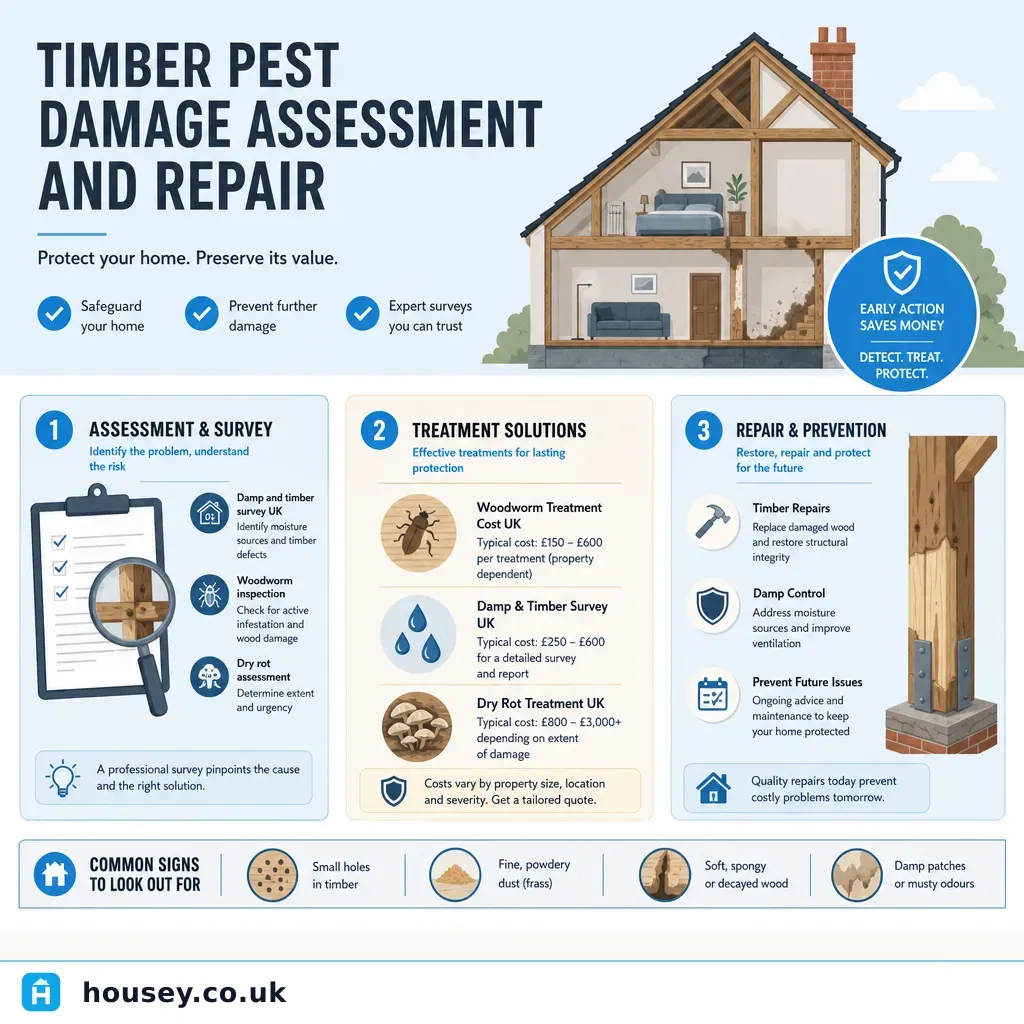 Infographic illustrating: Timber Pest Damage Assessment and Repair