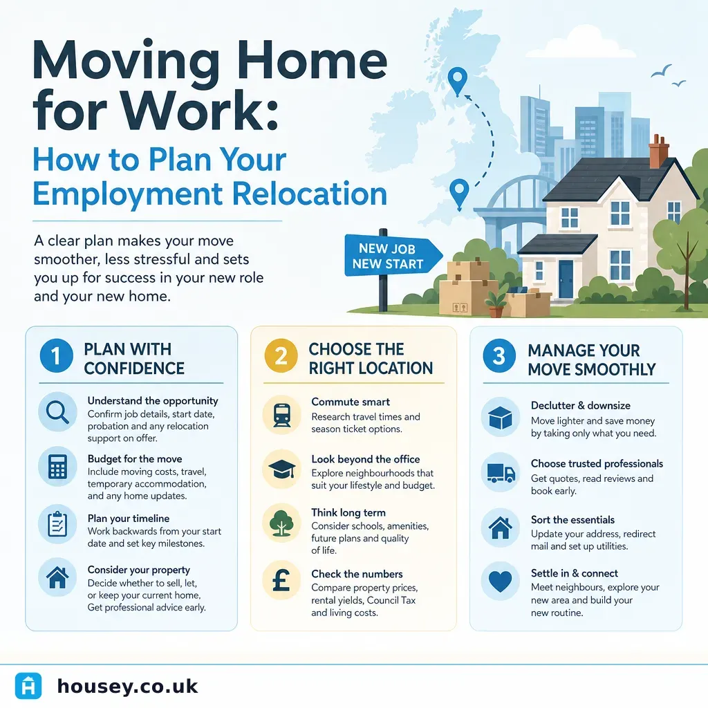Infographic illustrating: Moving Home for Work: How to Plan Your Employment Relocation