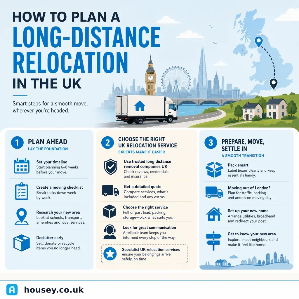 Infographic illustrating: How to Plan a Long-Distance Relocation in the UK
