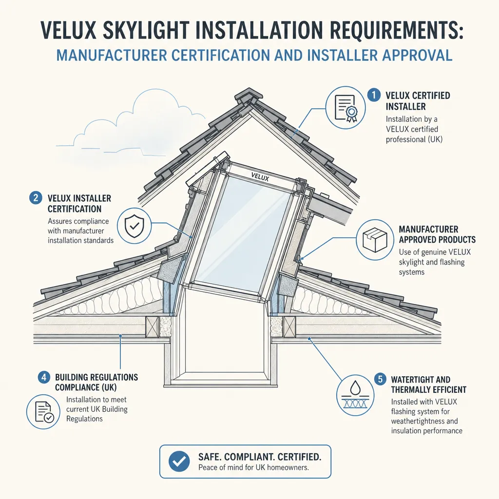 Diagram illustrating: Velux Skylight Installation Requirements: Manufacturer Certification and Installer Approval