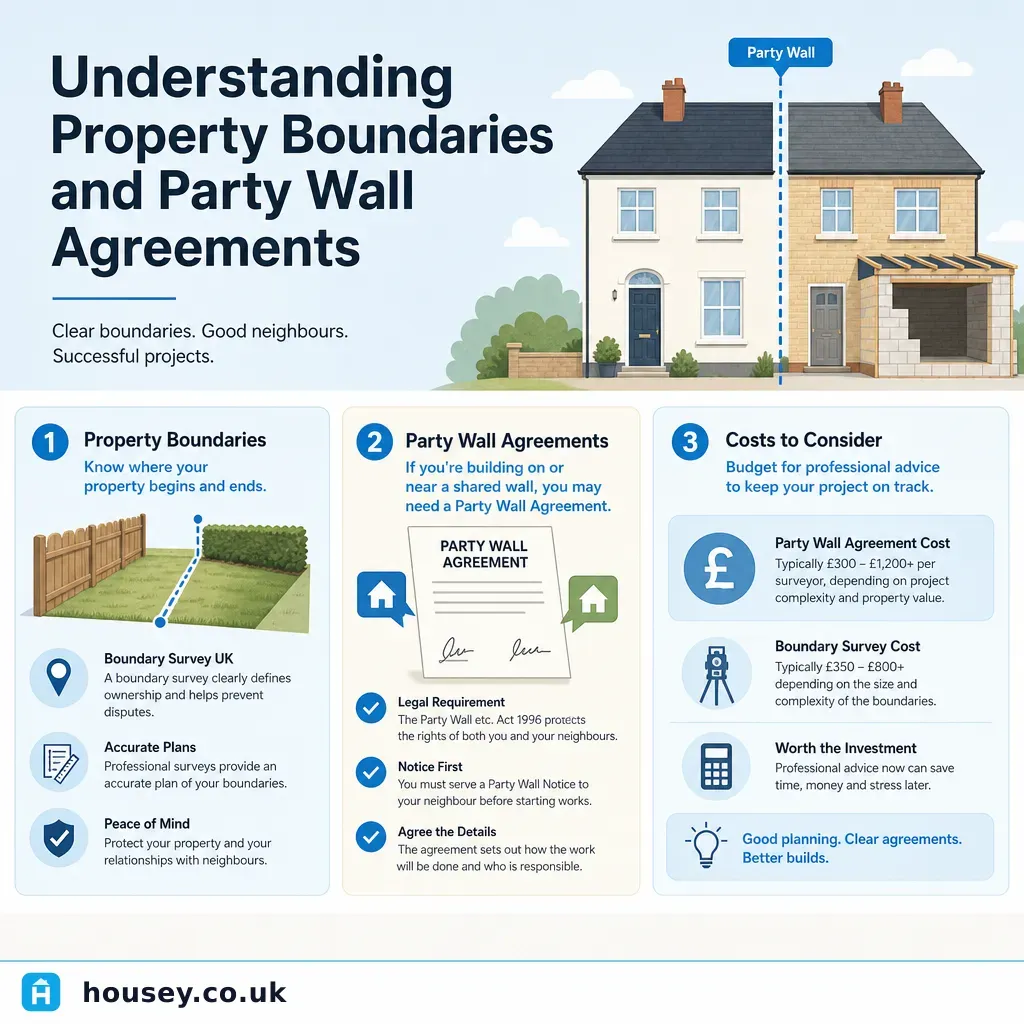 Infographic illustrating: Understanding Property Boundaries and Party Wall Agreements