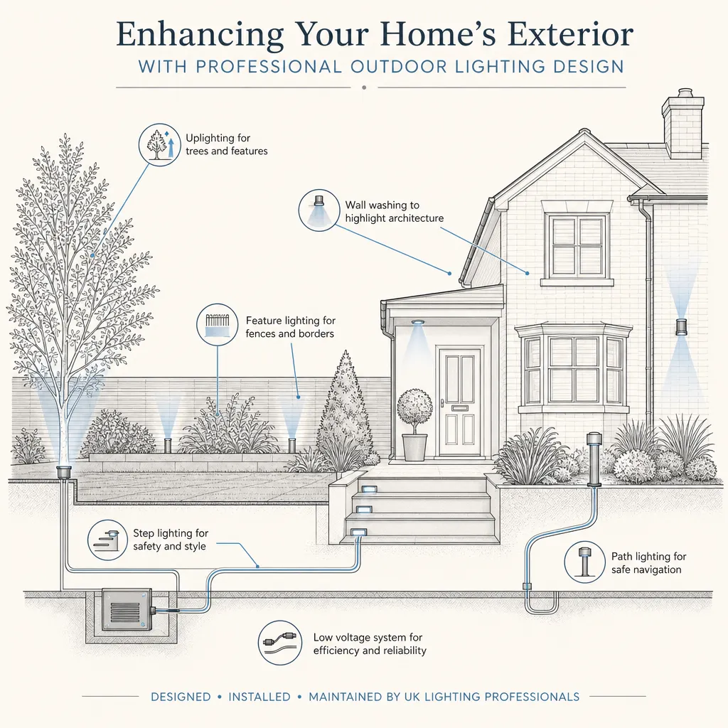 Diagram illustrating: Enhancing Your Home's Exterior with Professional Outdoor Lighting Design