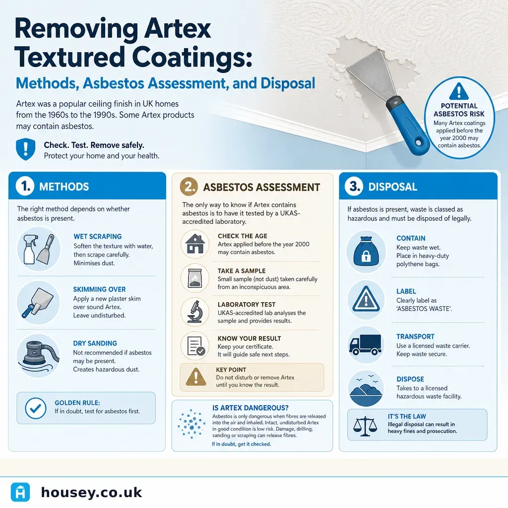 Infographic illustrating: Removing Artex Textured Coatings: Methods, Asbestos Assessment, and Disposal
