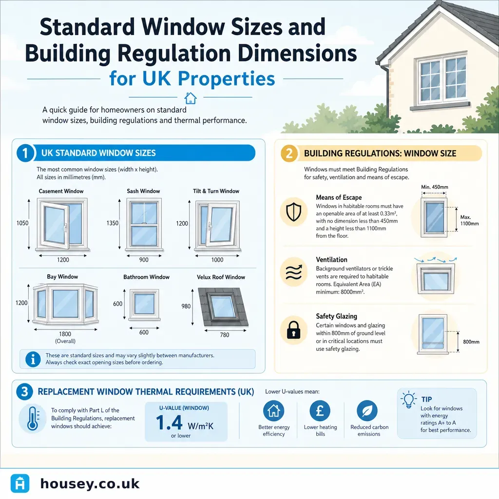 Infographic illustrating: Standard Window Sizes and Building Regulation Dimensions for UK Properties