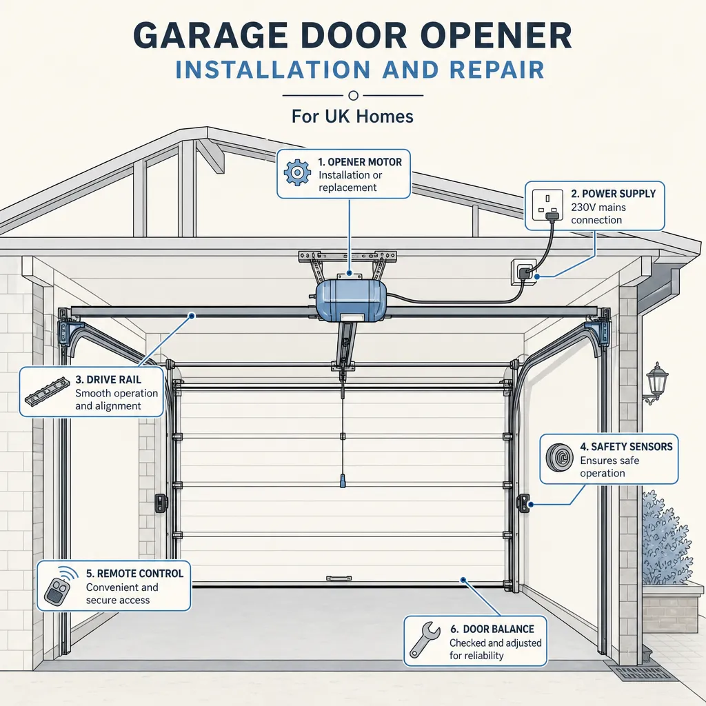 Diagram illustrating: Garage Door Opener Installation and Repair