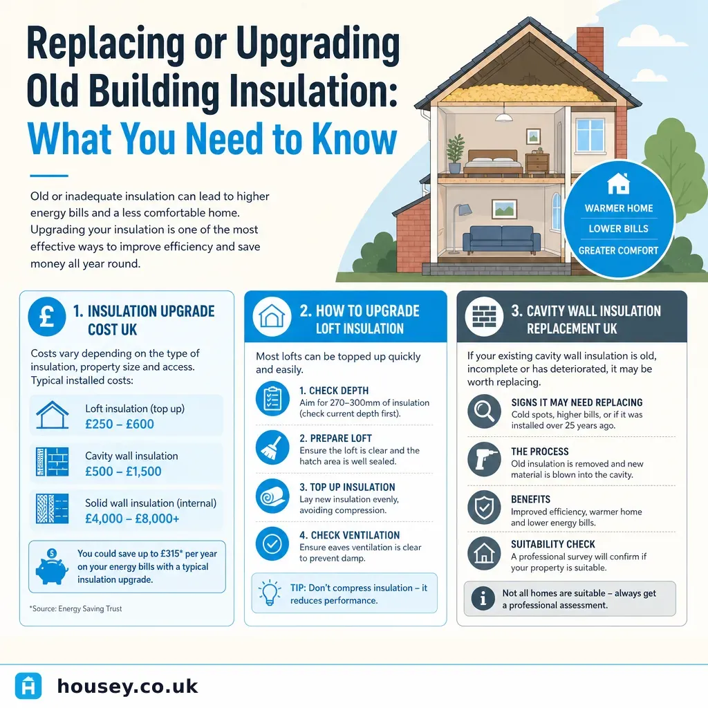 Infographic illustrating: Replacing or Upgrading Old Building Insulation: What You Need to Know