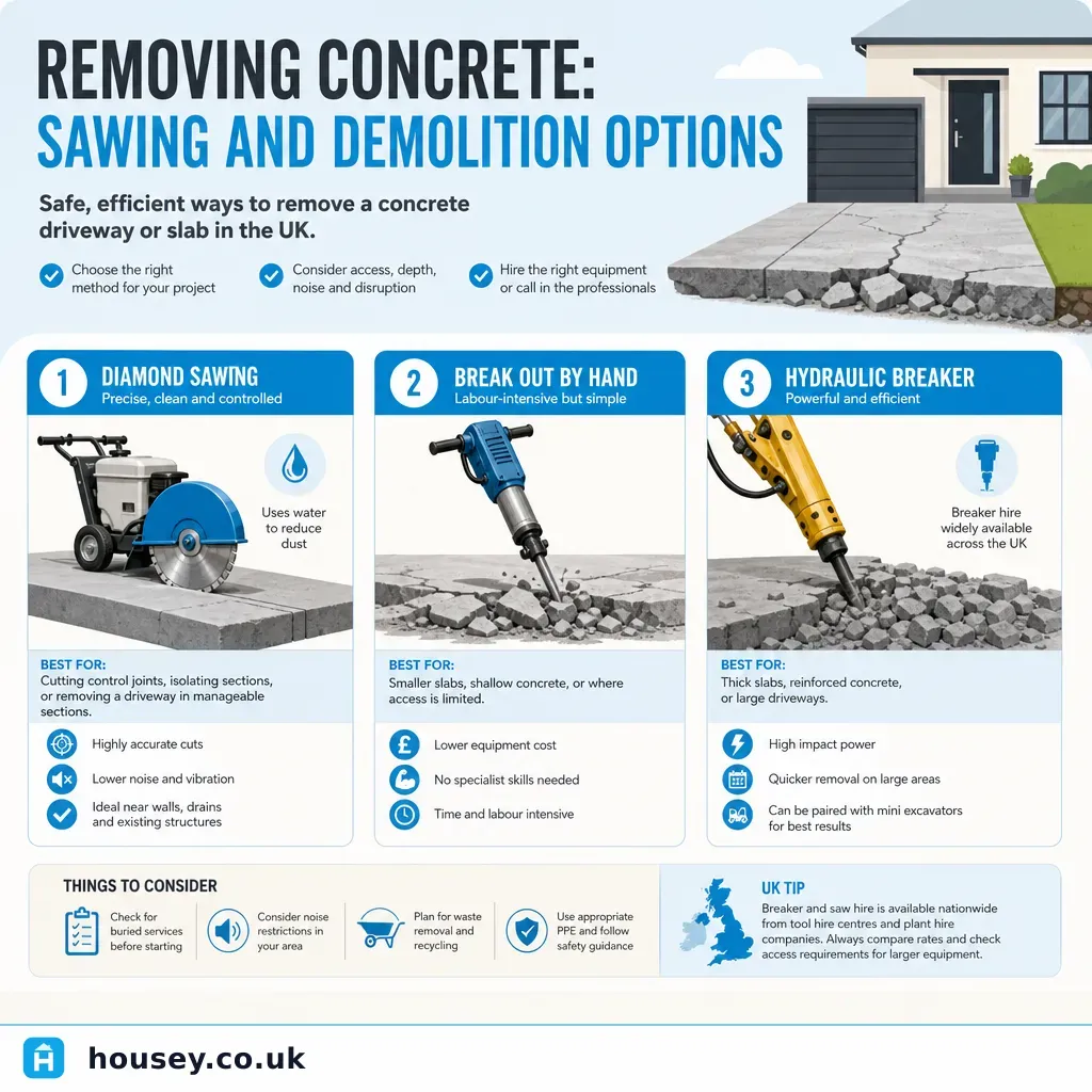 Infographic illustrating: Removing Concrete: Sawing and Demolition Options