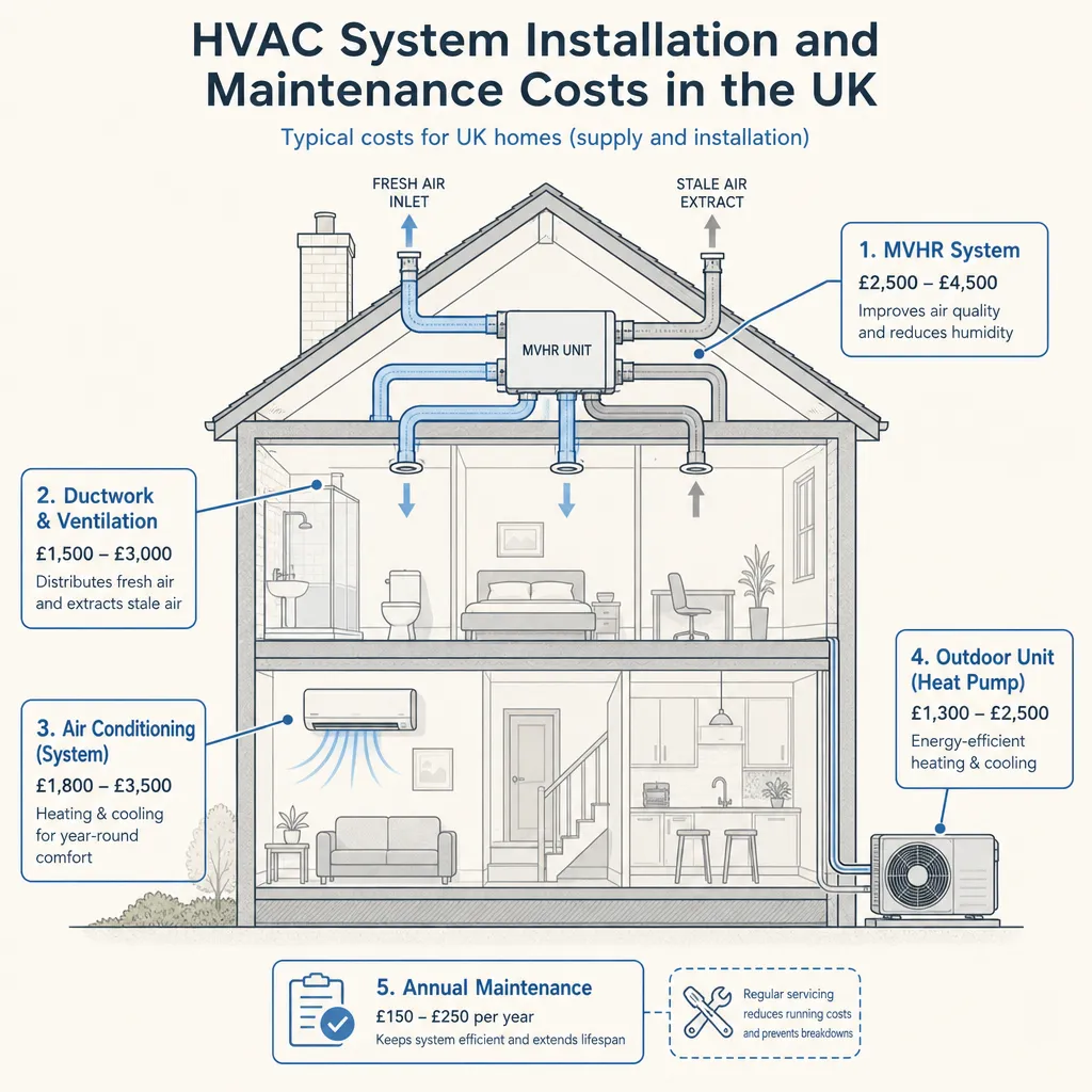 Diagram illustrating: HVAC System Installation and Maintenance Costs in the UK
