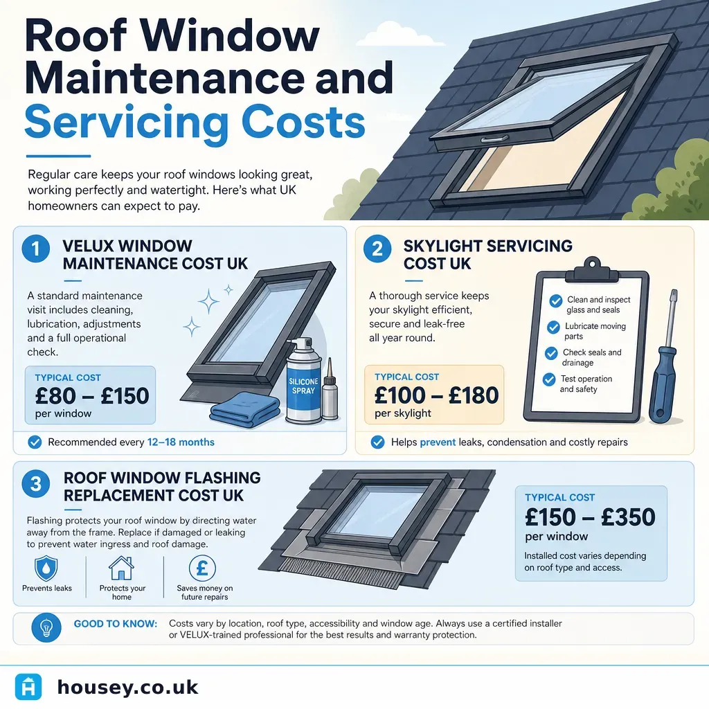 Infographic illustrating: Roof Window Maintenance and Servicing Costs
