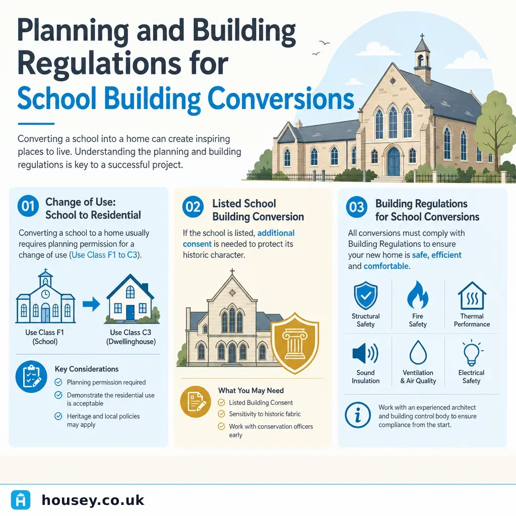 Infographic illustrating: Planning and Building Regulations for School Building Conversions