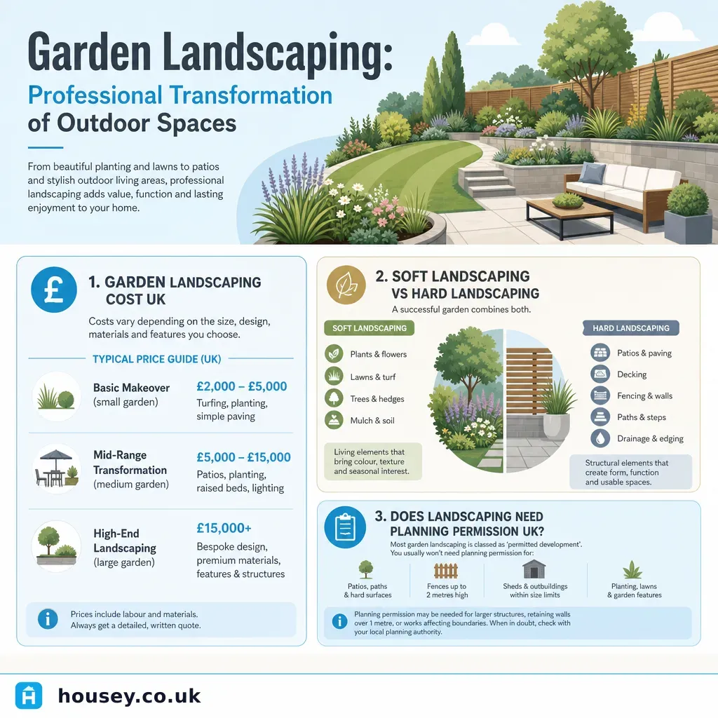 Infographic illustrating: Garden Landscaping: Professional Transformation of Outdoor Spaces
