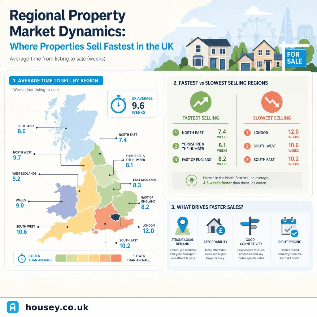 Infographic illustrating: Regional Property Market Dynamics: Where Properties Sell Fastest in the UK