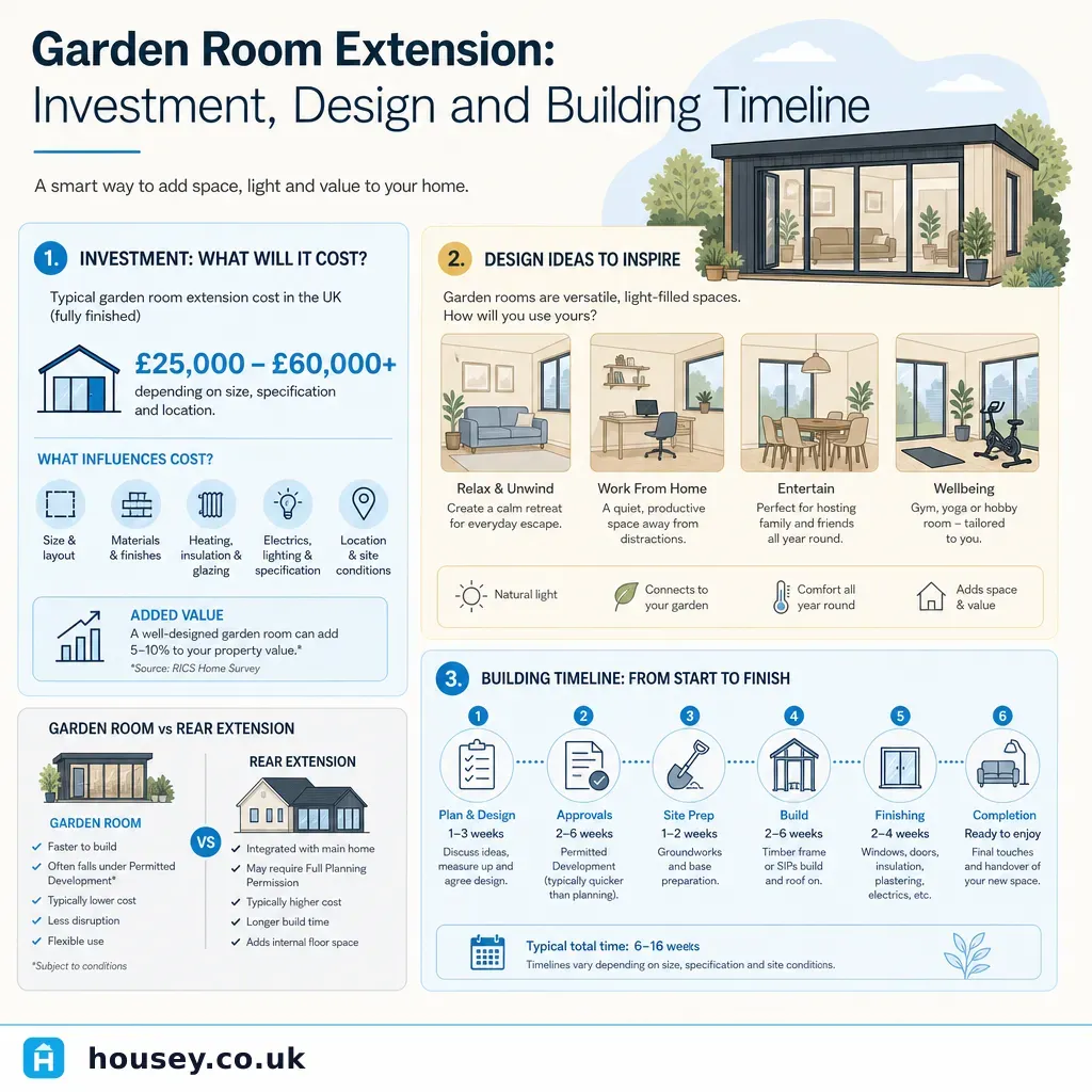 Infographic illustrating: Garden Room Extension: Investment, Design and Building Timeline