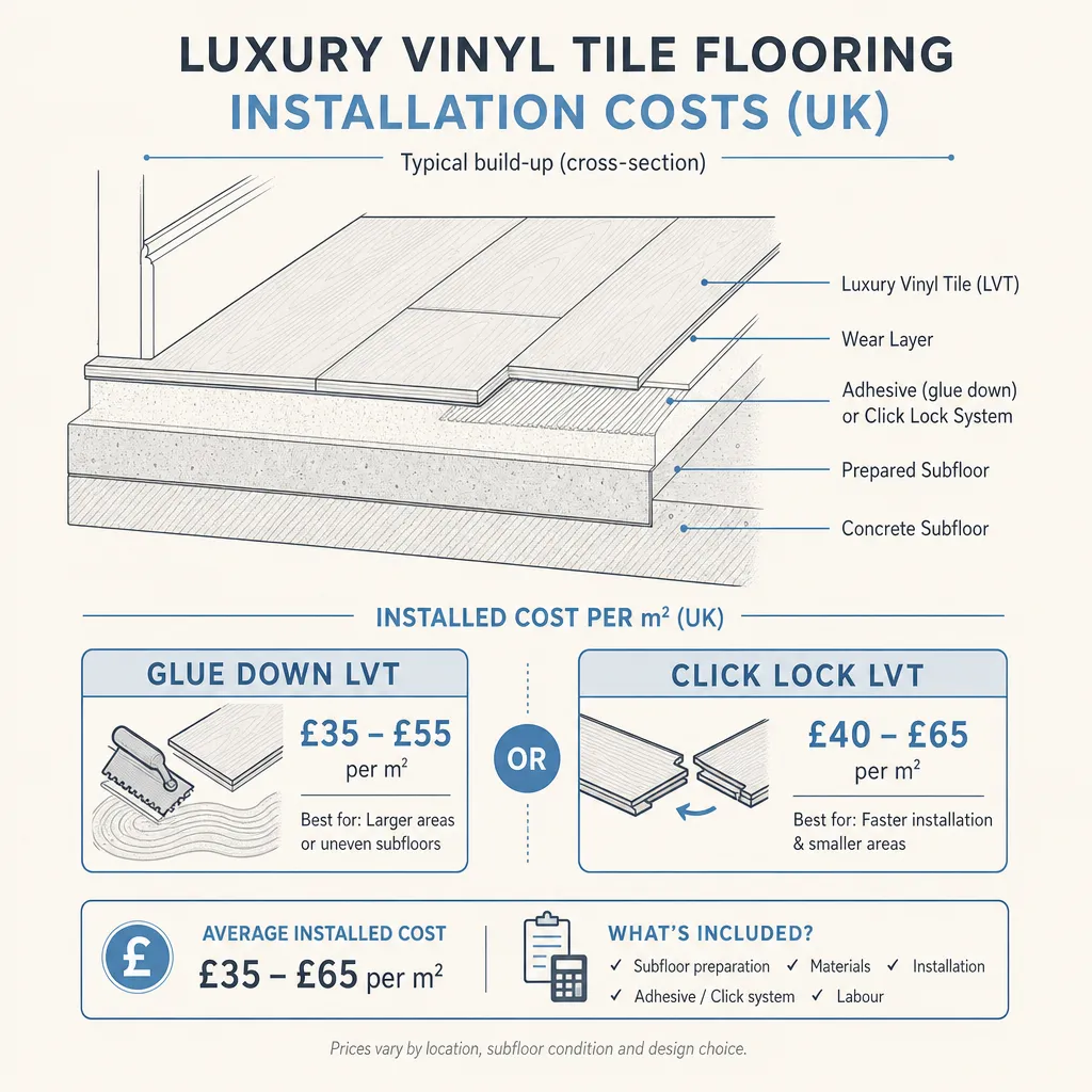 Diagram illustrating: Luxury Vinyl Tile Flooring Installation Costs