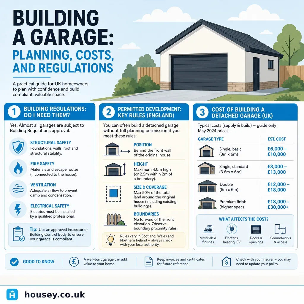 Infographic illustrating: Building a Garage: Planning, Costs, and Regulations