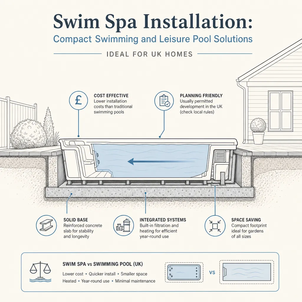 Diagram illustrating: Swim Spa Installation: Compact Swimming and Leisure Pool Solutions