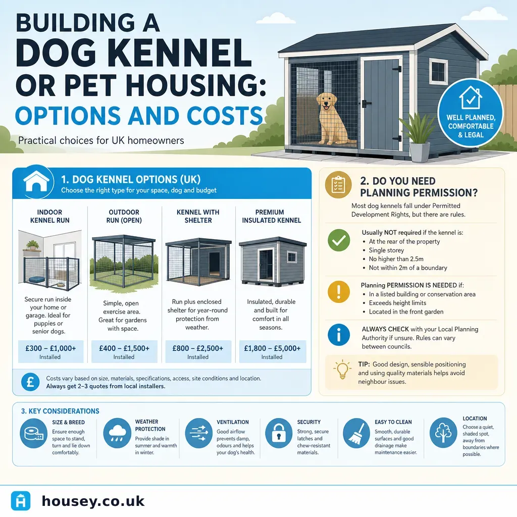 Infographic illustrating: Building a Dog Kennel or Pet Housing: Options and Costs
