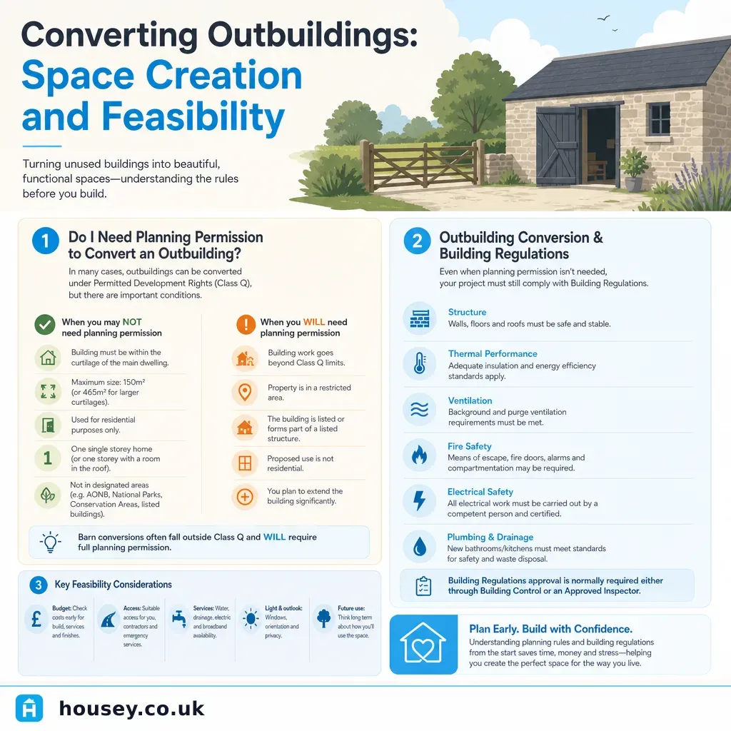 Infographic illustrating: Converting Outbuildings: Space Creation and Feasibility
