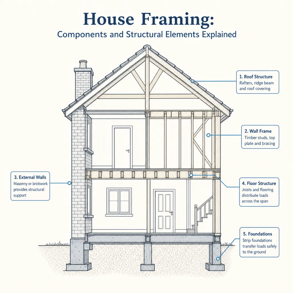Diagram illustrating: House Framing: Components and Structural Elements Explained