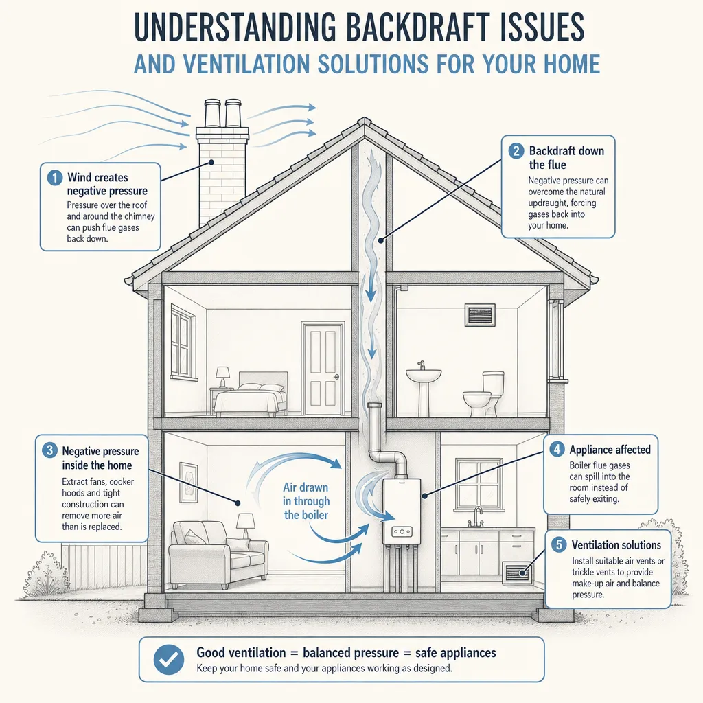 Diagram illustrating: Understanding backdraft issues and ventilation solutions for your home