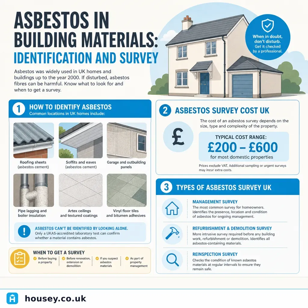 Infographic illustrating: Asbestos in Building Materials: Identification and Survey