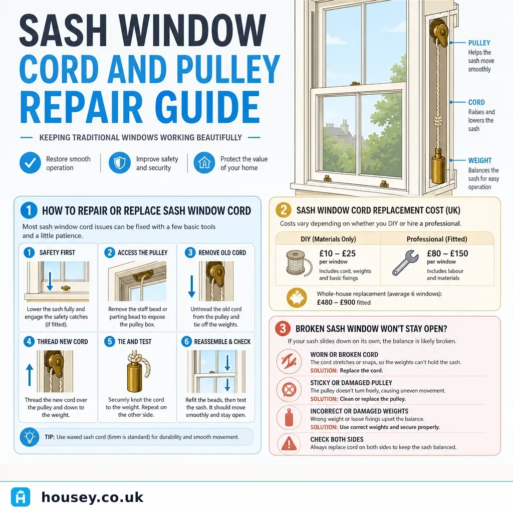 Infographic illustrating: Sash Window Cord and Pulley Repair Guide