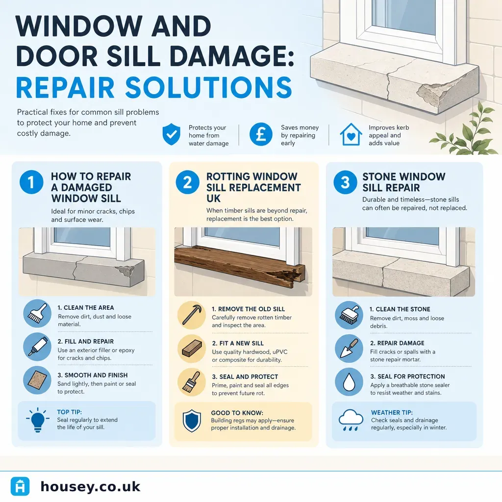 Infographic illustrating: Window and Door Sill Damage: Repair Solutions