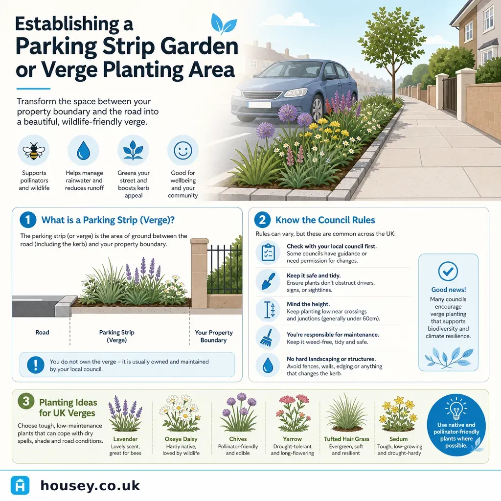 Infographic illustrating: Establishing a Parking Strip Garden or Verge Planting Area